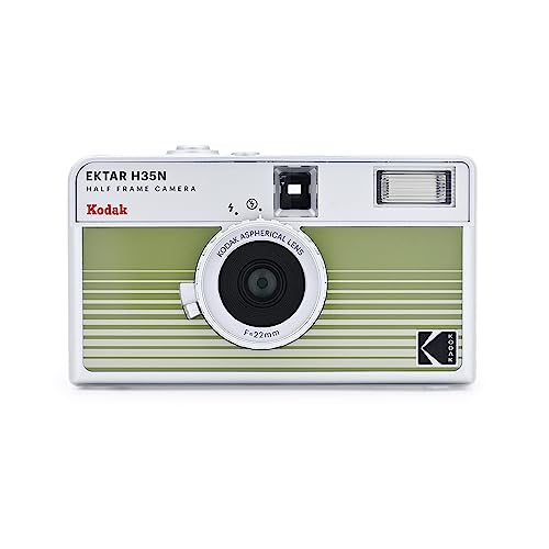 Kodak EKTAR H35N Fotocamera a pellicola half frame, 35 mm, riutilizzabile, funzione lampadina, filtro stella, lente rivestita (pellicola e batteria AAA non sono inclusi) (verde striato)