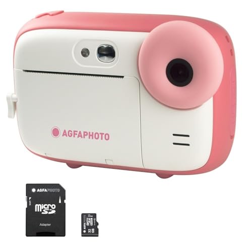 AgfaPhoto AGFA PHOTO Realikids Instant Cam + 1 scheda Micro SD da 32 GB, fotocamera istantanea per bambini, schermo LCD da 2,4", batteria al litio, specchio selfie e filtro fotografico, colore: rosa