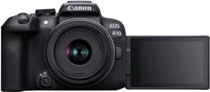 Canon EOS R10 APS-C mirrorless nera + 18-45mm IS STM (24,2 Mp, fino a 23 fps, DIGIC X, video 4K UHD fino 60p, Dual Pixel CMOS Auto Focus II, Display touchscreen orientabile da 7,5 cm, Wi-Fi, BT)