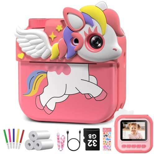 Hangrui Macchina Fotografica Bambini Istantanea, 12MP/1080P HD Fotocamera Bambini con Carta da Stampa e 32G,Fotocamera Digitale Stampa Istantanea, Regalo per Bambini dai 3-12 Anni-Rosa