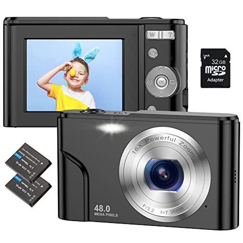 Umipyiza Fotocamera Digitale Compatte 48MP 1080P HD Macchina Fotografica Digitale, con Scheda 32GB Fotocamera con Zoom Digitale 16X, 2.4" LCD Ricaricabile Fotocamera per Bambini, Adulti, Principianti (Nero)