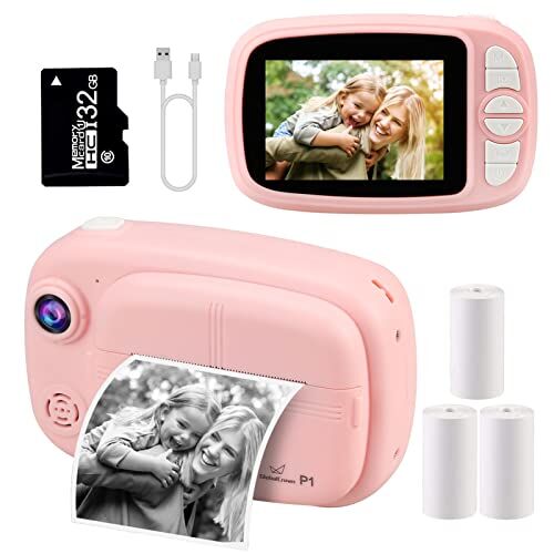 GlobalCrown Macchina Fotografica bambini Istantanea,Fotocamera Istantanea per bambini Video Fotocamera digitale 3,5 Pollici Schermo regali per 3-12 anni (incluso 4 rotoli carta di stampa e 32GB Card)