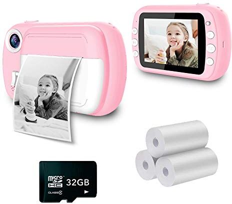 i-Paint P9 Macchina fotografica istantanea per Bambini, Stampa B/N su carta termica, Fotocamera 1080P Videocamera Digitale FHD, LCD da 3.5", Micro SD da 32GB, Colore Rosa