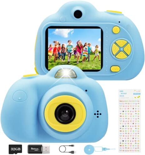 YunLone ToyZoom Macchina Fotografica per Bambini, Fotocamera Digitale Portatile per Kids Selfie Camera per Bambine 2 Pollici LCD Videocamera 1080P HD / 18MP, Scheda 32G & Custodia inclusa (Azzurro)