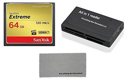 SanDisk Extreme 64GB CompactFlash Memory Card works with Canon EOS 7D Mark II Digital DSLR Camera HD UDMA 7 (SDCFXSB-064G-G46) with Everything But Stromboli Microfiber Cloth and Combo Reader