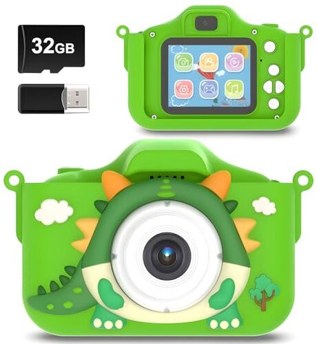 saiyuanxing Fotocamera per bambini, autofocus a doppia fotocamera anteriore e posteriore, display LCD IPS ad alta definizione 1080p, con lettore di schede e scheda SD da 32 GB. (Verde)