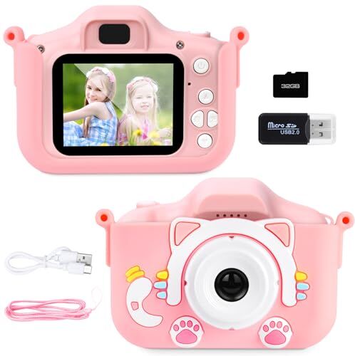 Ainiv Fotocamera Bambini, Macchina Digitale Bambini, 2.0 Pollici Schermo HD da 1080P Selfie Fotocamera, con Scheda SD 32 GB, Portatile Videocamera Regali per Ragazze Ragazzi da 3-8 Anni, Rosa