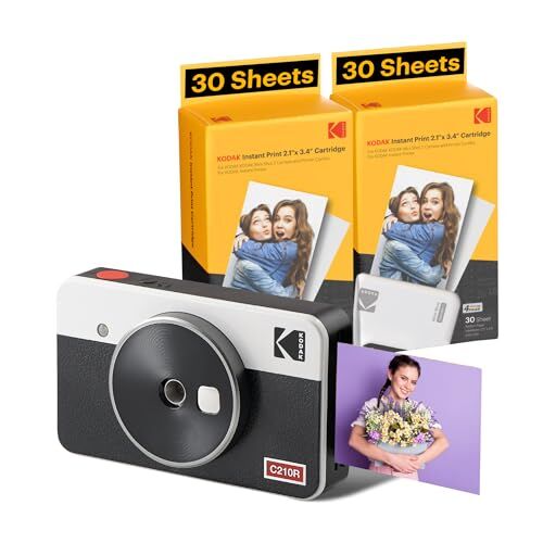 Kodak Mini Shot 2 Retro 4PASS 2-in-1, fotocamera istantanea e stampante fotografica portatile (5,3 x 8,6 cm) + pacchetto con 68 fogli, colore: bianco.
