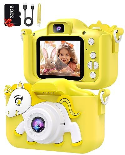 Super Barley Macchina Fotografica per Bambini, Fotocamera Digitale Bambina, 2.0 Pollici Schermo 1080P HD Videocamera con Scheda SD 32 GB con Copertura Protettiva, Mini Macchinette Fotografica per Bambino