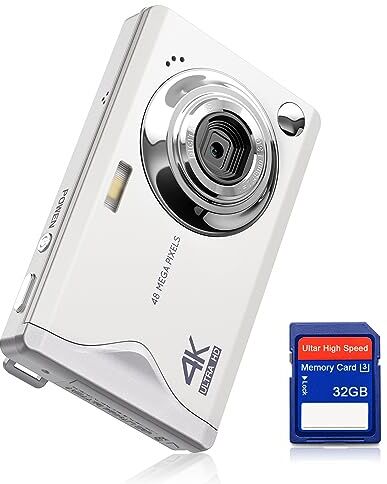 CCN Fotocamera digitale , 48MP 1080P FHD Fotocamera con schermo da 3,0", 16X Zoom Digitale Macchina fotografica compatta portatile con 32GB TF Card, Cavo USB, per adolescenti bambini adulti, Bianco