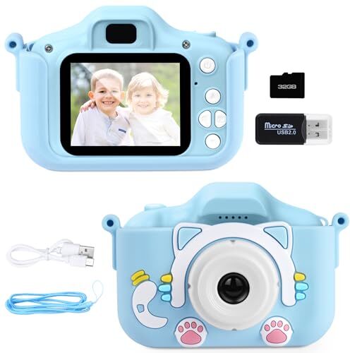 Ainiv Fotocamera Bambini, Macchina Digitale Bambini, 2.0 Pollici Schermo HD da 1080P Selfie Fotocamera, con Scheda SD 32 GB, Portatile Videocamera Regali per Ragazze Ragazzi da 3-8 Anni, Blu