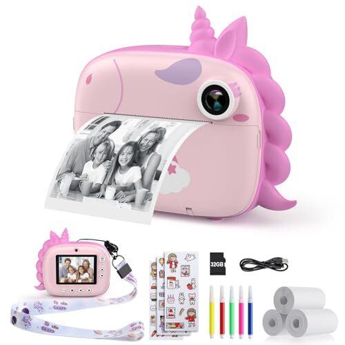 HiMont Macchina Fotografica Bambini Istantanea, 20MP/1080P HD Fotocamera Istantanea Bambini Digitale con 32GB Scheda SD, Carta da Stampa & Accessori Divertenti,Regalo per Bambini dai 3-14(Rosa)