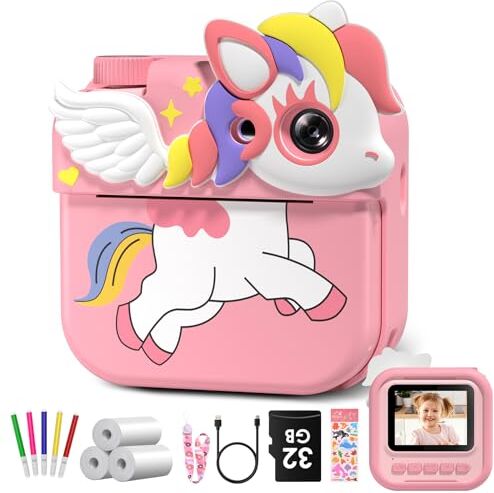 Hangrui Macchina Fotografica Bambini Istantanea, 12MP/1080P HD Fotocamera Bambini con Carta da Stampa e 32G, Fotocamera Digitale Stampa Istantanea, Regalo per Bambini dai 3-12 Anni-Rosa chiaro