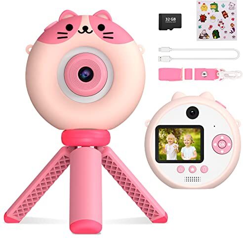 USHINING Macchina Fotografica Bambini, 8X Zoom Fotocamera Digitale Bambini, 20MP 1080P HD Selfie Videocamera Bambini con Treppiedi 2,0 Pollici Schermo Scheda TF da 32 GB, Regalo per Ragazze 3-10 Anni