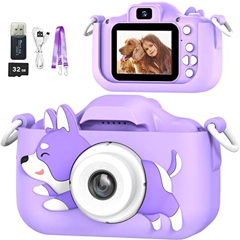 Mgaolo Macchina Fotografica Bambini di 3-12 Anni, Fotocamera Bambino con Giochi,Videocamera Digitale Portatile con Copertura in Silicone, Regalo di Natale per Bambin (Cane viola)