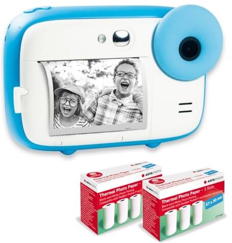 AgfaPhoto AGFA PHOTO Realikids Instant Cam + 6 rotoli di carta termica ATP3WH aggiuntivi Fotocamera istantanea per bambini, schermo LCD da 2,4", batteria al litio, specchio selfie e filtro fotografico, Blu