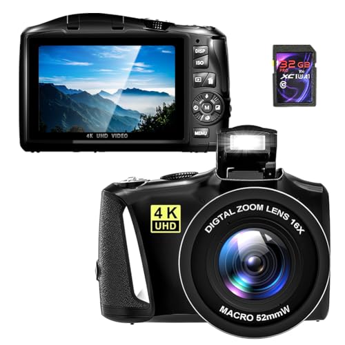 Ade Fotocamera digitali, 48MP 4K UHD Fotocamera con zoom digitale 16x e macro Lente, Fotocamera compatta con cruscotto rotante per adolescenti, principianti, adulti, scheda SD da 32 GB