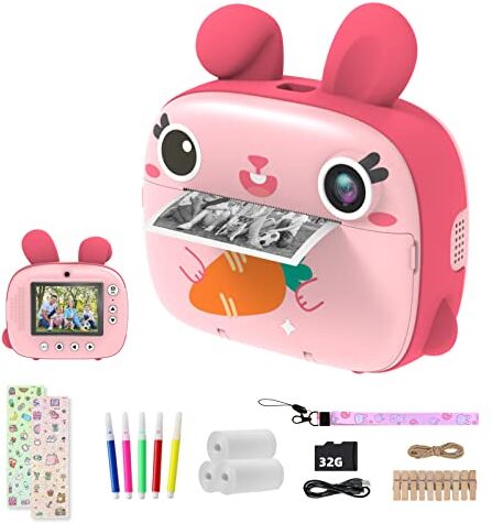 CAMCLID Macchina Fotografica Bambini Istantanea, 20MP/1080P HD Fotocamera Bambini con Carta da Stampa e 32G Scheda, Fotocamera Digitale Stampa Istantanea, Regalo per Bambini dai 3-12 Anni (Rosa)