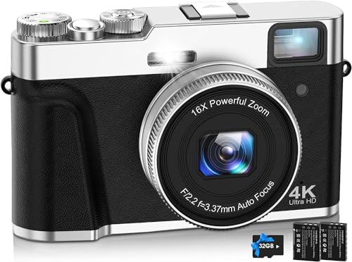 nezini Fotocamera digitale 4K 48MP UHD autofocus con scheda da 32 GB e custodia per fotocamera, 16 x zoom con cruscotto girevole e mirino, fotocamera compatta per adolescenti, colore marrone