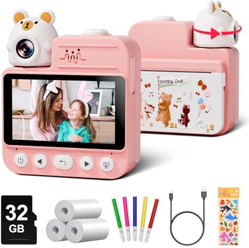 Gofunly 3,0 Pollici Macchina Fotografica Bambini Istantanea,  Fotocamera Istantanea Bambini con 32GB Scheda & 3 Carta Stampa, 14MP/1080P HD Videocamera Fotocamera Digitali per Bambino da 3-12 Anni