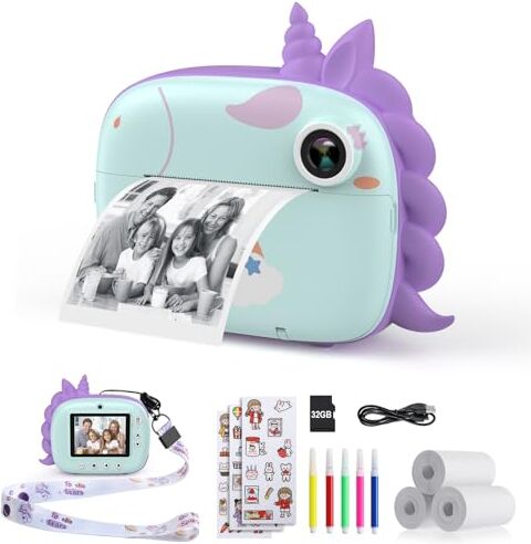 HiMont Macchina Fotografica Bambini Istantanea, 20MP/1080P HD Fotocamera Istantanea Bambini Digitale con 32GB Scheda SD, Carta da Stampa & Accessori Divertenti,Regalo per Bambini dai 3-14(Verde)