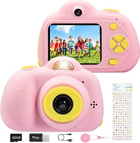 YunLone ToyZoom Macchina Fotografica per Bambini, Fotocamera Digitale Portatile per Kids Selfie Camera per Bambine 2 Pollici LCD Videocamera 1080P HD / 18MP , Scheda 32G Inclusa (Rosa)