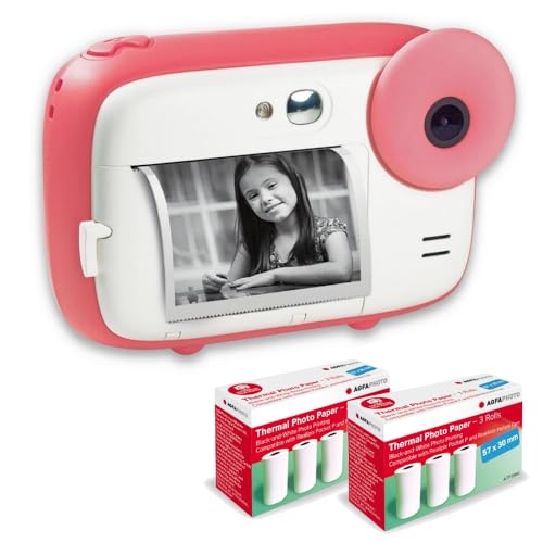 AgfaPhoto AGFA PHOTO Realikids Instant Cam + 6 rotoli di carta termica ATP3WH aggiuntivi Fotocamera istantanea per bambini, schermo LCD da 2,4", batteria al litio, specchio selfie e filtro fotografico, Rosa
