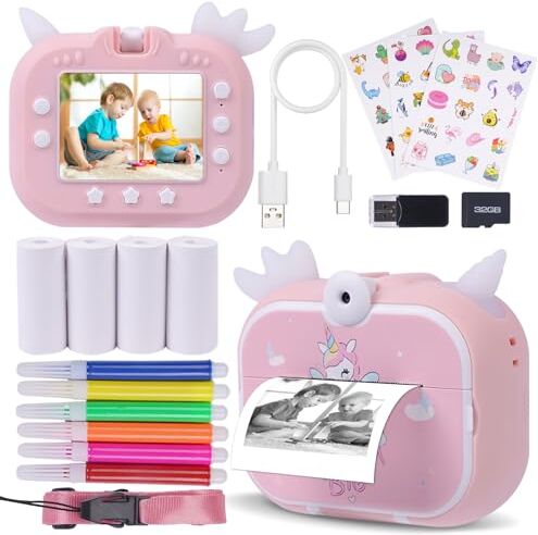 DYNASONIC Fotocamera istantanea per bambini  (2 generazione Unicorno). Fotocamera e videocamera digitale. 48MP. 2,5k UHD. SD 32GB, 4 carte per la stampa digitale. Regalo per ragazze dai 3 ai 14 anni