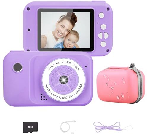 EIEVEY Fotocamera per bambini, con custodia per il trasporto, schermo da 2,4", 1080P, HD, fotocamera digitale 32 G, scheda SD, regalo per bambini e bambine da 3 a 12 anni, per regalo di compleanno, Natale,