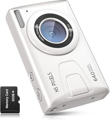 CCN Fotocamera digitale , 64MP 1080P FHD Fotocamera con schermo da 3,0", 18X Zoom Digitale Macchina fotografica compatta portatile con 32GB TF Card, Cavo USB, per adolescenti bambini adulti, Bianco