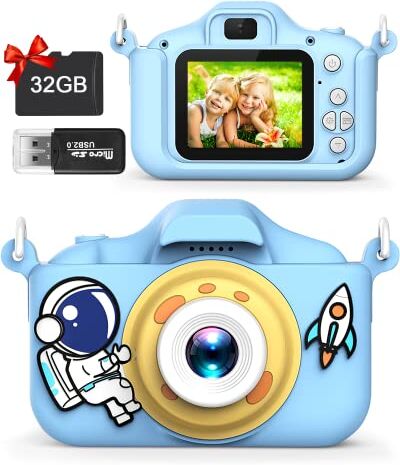 Miiepls Macchina Fotografica Bambini, 2.0 Pollici Schermo HD 18MP 1080P con Scheda 32GB, Mini Ricaricabile Fotocamera Digitale Bambina, Macchine Fotografiche Digitali Bimbiper Ragazze 3-12 Anni (blue)