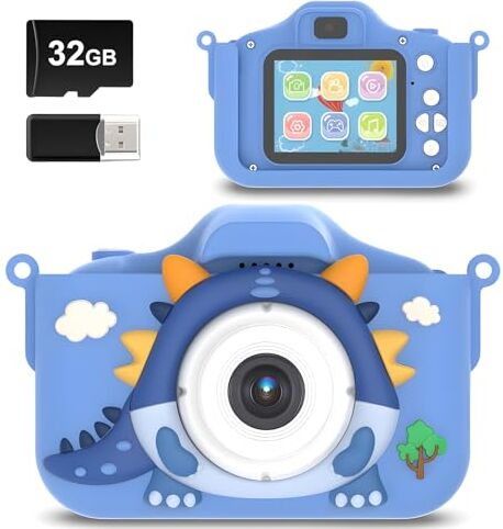 saiyuanxing Fotocamera per bambini, autofocus a doppia fotocamera anteriore e posteriore, display LCD IPS ad alta definizione 1080p, con lettore di schede e scheda SD da 32 GB. (Blu)