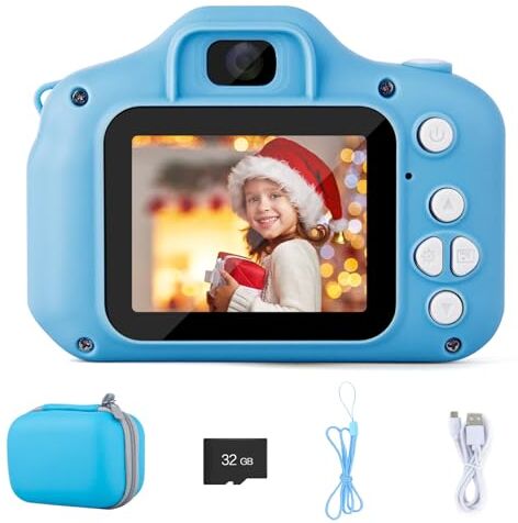 PTUI Fotocamera per bambini con custodia per fotocamera digitale, giocattolo per bambini da 3 a 10 anni, regalo di Natale, 1080P HD, 32 GB, scheda SD, fotocamera per bambini (blue)