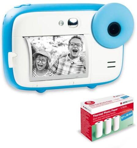 AgfaPhoto AGFA PHOTO Realikids Instant Cam + 3 rotoli di carta termica ATP3WH aggiuntivi Fotocamera istantanea per bambini, schermo LCD da 2,4", batteria al litio, specchio selfie e filtro fotografico, Blu