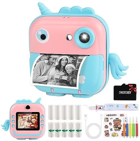 GuKKK Macchina Fotografica Istantanea, Regalo per Bambini dai 3-12 Anni, 2.4 Pollici/1080P, Fotocamera con 10 Rotoli Carta da Stampa e 32G TF Scheda