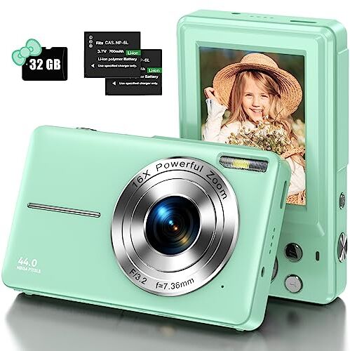 DPFIHRGO Fotocamera digitale, 1080P, fotocamera per bambini con scheda micro SD da 32 GB, fotocamera FHD da 44 MP, fotocamera portatile compatta con schermo LCD, 16 X zoom digitale e 2 batterie per