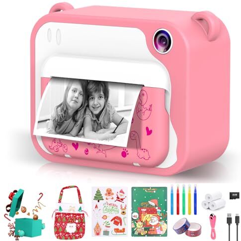 ukuu Macchina Fotografica per Bambini 2,4 pollici 1080P Fotografica Istantanea con 32GB Scheda SD, Carta da Stampa & Accessori Divertenti, Set Regalo Natale per Bambini dai 3 ai 14 Rosa