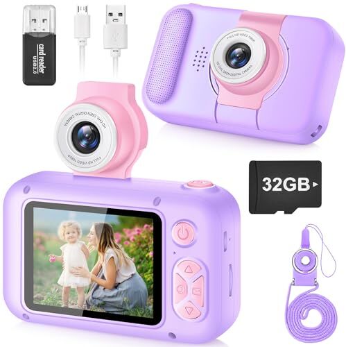 arnssien Macchina Fotografica Bambini,  Fotocamera Bambini,180 °Flip Len, Fotocamera digitale con schermo IPS da 2,4 pollici,Regalo Bambino e Bambina 3 4 5 6 7 8 9 10 anni,Regalo di Compleanno/Natale