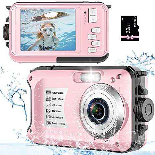 YISENCE Fotocamera subacquea 10FT 1080P Full HD 30MP Macchina Fotografica Subacquea Zoom Digitale 16X Fotocamera Subacquea per lo snorkeling (rose)