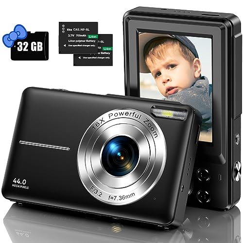 DPFIHRGO Macchina Fotografica Digitale con Scheda da 32GB, 1080P Fotocamera Compatta 44MP con Zoom Digitale 16X e 2 Batterie per Ragazzi, Adolescenti e Principianti-Nero