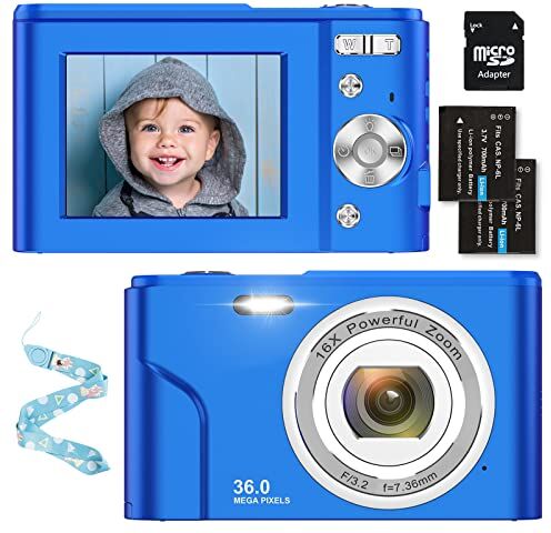 Nicamery Fotocamere Digitali Compatte 1080P HD Macchina Fotografica 36 MP 2,4'' LCD Ricaricabile Vlogging Video Fotocamer Digitale Zoom Digitale 16x con Scheda SD per Adulti, Bambini(Blu)