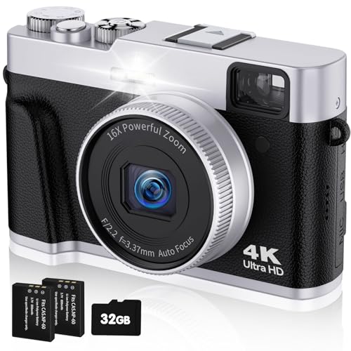 CAMKORY Fotocamera Digitale Compatta 4K 48MP con Scheda 32G Macchina Fotografica Digitale Autofocus Mirino Ottico Zoom 16X Anti-shake Flash Schermo 3" 2 Batterie Portatile Fotocamere per Principianti