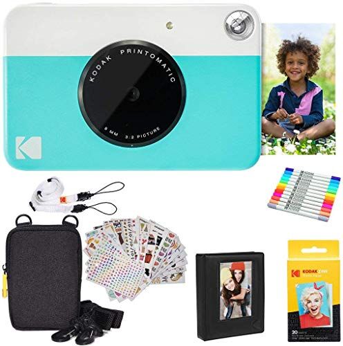 Kodak Printomatic Instant Camera (blu) Confezione regalo + carta Zink (20 fogli) + custodia Deluxe + 7 divertenti set di adesivi + pennarelli a doppia punta + album fotografico + cornici da appendere.