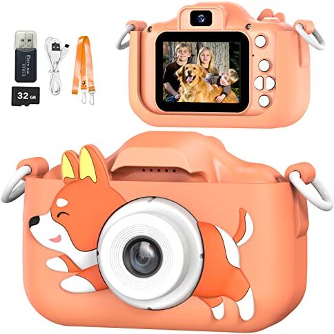 Mgaolo Macchina Fotografica Bambini di 3-12 Anni, Fotocamera Bambino con Giochi,Videocamera Digitale Portatile con Copertura in Silicone, Regalo di Natale per Bambin (Cane arancione)