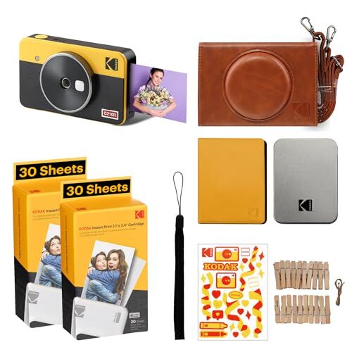 Kodak Mini Shot 2 Retro 4PASS 2-in-1, fotocamera istantanea e stampante fotografica portatile (5,3 x 8,6 cm) + pacchetto regalo con 68 fogli, colore: giallo.