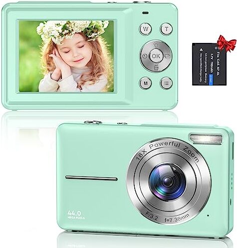 Umipyiza Macchina Fotografica Digitale Fotocamera Compatte, 44MP 1080P HD Fotocamera con Zoom Digitale 16X, 2.4" LCD Ricaricabile Macchina Fotografica per Bambini, Adulti, Principianti (Verde)