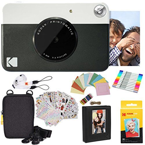 Kodak Printomatic Instant Camera (nero) Bundle regalo + carta Zink (20 fogli) + custodia Deluxe + 7 divertenti set di adesivi + pennarelli a doppia punta + album fotografico + cornici da appendere.