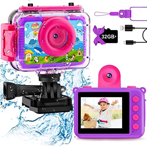 GKTZ Fotocamera Impermeabile per Bambini 180 Fotocamera Digitale Girevole 1080P HD per Bambini Fotocamera Subacquea con Scheda SD da 32GB, Regalo di Compleanno Giocattoli per Ragazze di Età 3-14