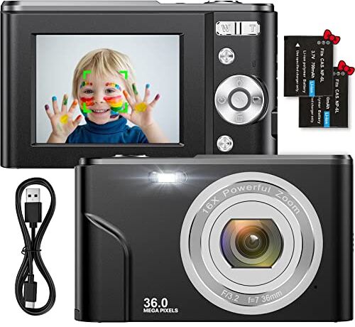 Nicamery Fotocamere Digitali Compatte 1080P HD Macchina Fotografica 36 Mega Pixel 2,4 Pollici LCD Ricaricabile Vlogging Mini Video Fotocamer Digitale Zoom Digitale 16x, per Adulti, Anziani, Bambini (Black)