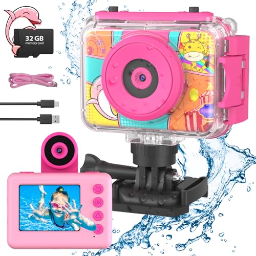 CHAKEYAKE Macchina Fotografica Bambini,2.0” Fotocamera Digitale Impermeabile Bambini, 1080P 180 °Flip Len, Subacquea Macchina Fotografica Giocattolo Videocamera con Scheda SD 32G per Bambini 3-12 anni